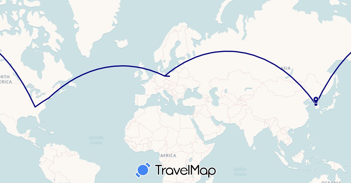 TravelMap itinerary: driving in Germany, South Korea, Poland, United States (Asia, Europe, North America)
